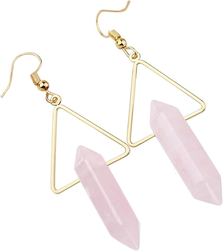 Nupuyai Stone Dangle Drop Earrings for Women, Hexagonal Double Points Healing Crystal Quartz Gold... | Amazon (US)