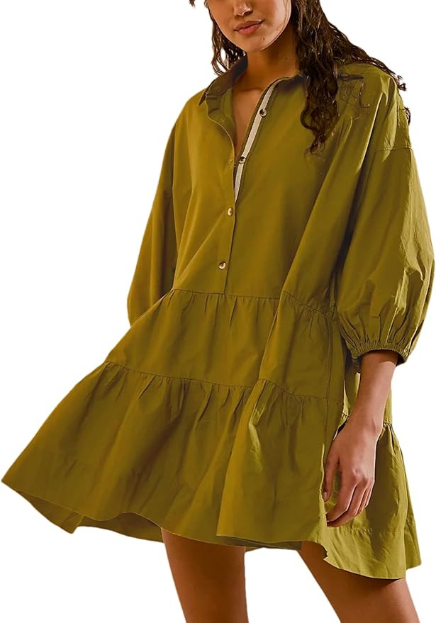 Zontroldy Women's Oversized Casual Collared Babydoll Mini Dresses Puff Sleeve A-line Tiered Shirt... | Amazon (US)