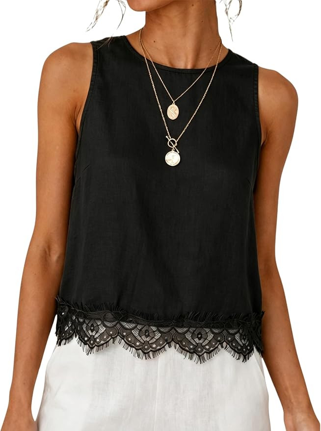 Womens Lace Hem Linen Tank Top Round Neck Sleeveless Solid Color Relaxed Fit Blouses Summer Casua... | Amazon (US)