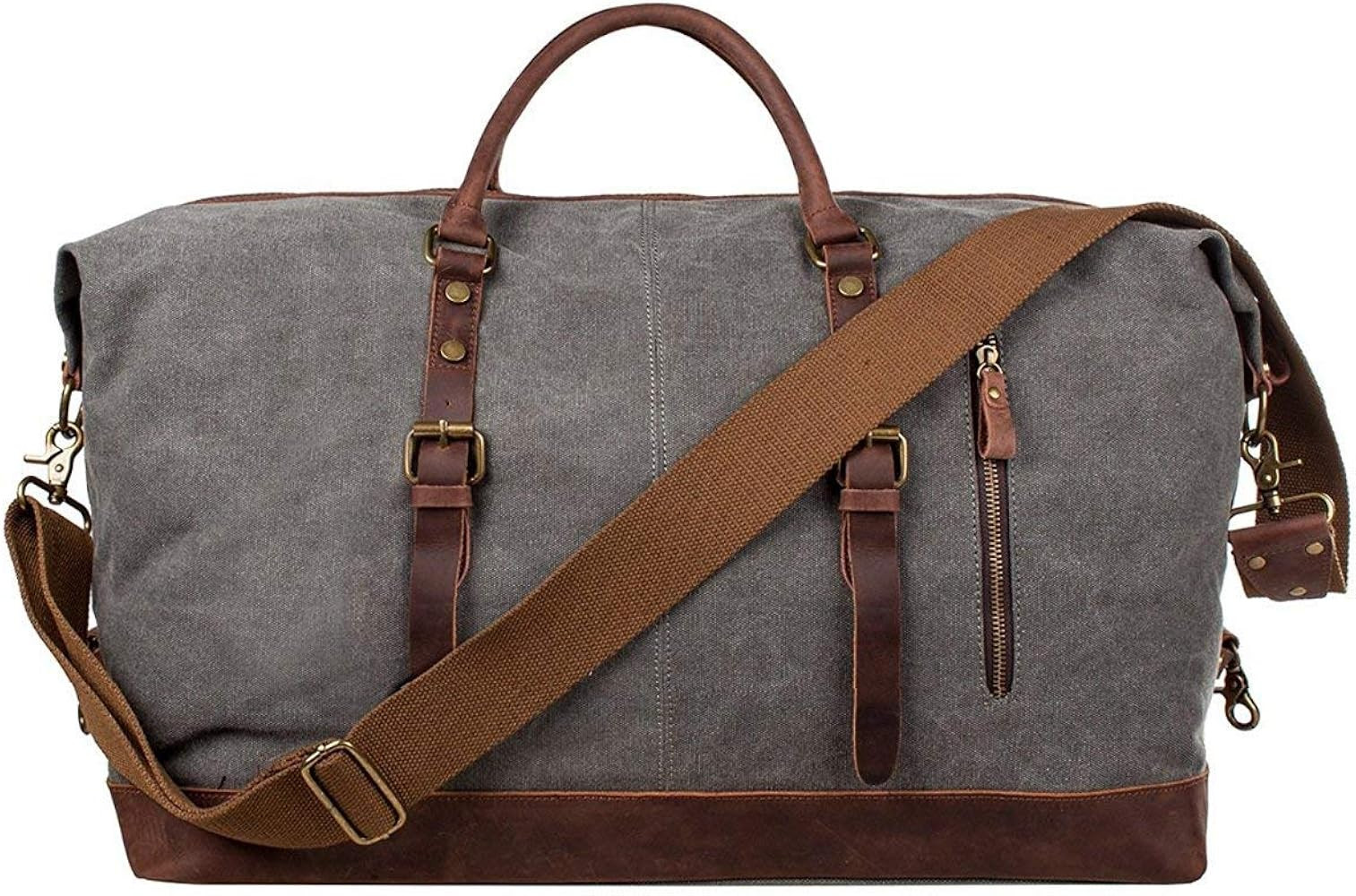 Oversized Canvas Genuine Leather Trim Travel Tote Duffel Shoulder Weekend Bag Weekender Overnight... | Amazon (US)