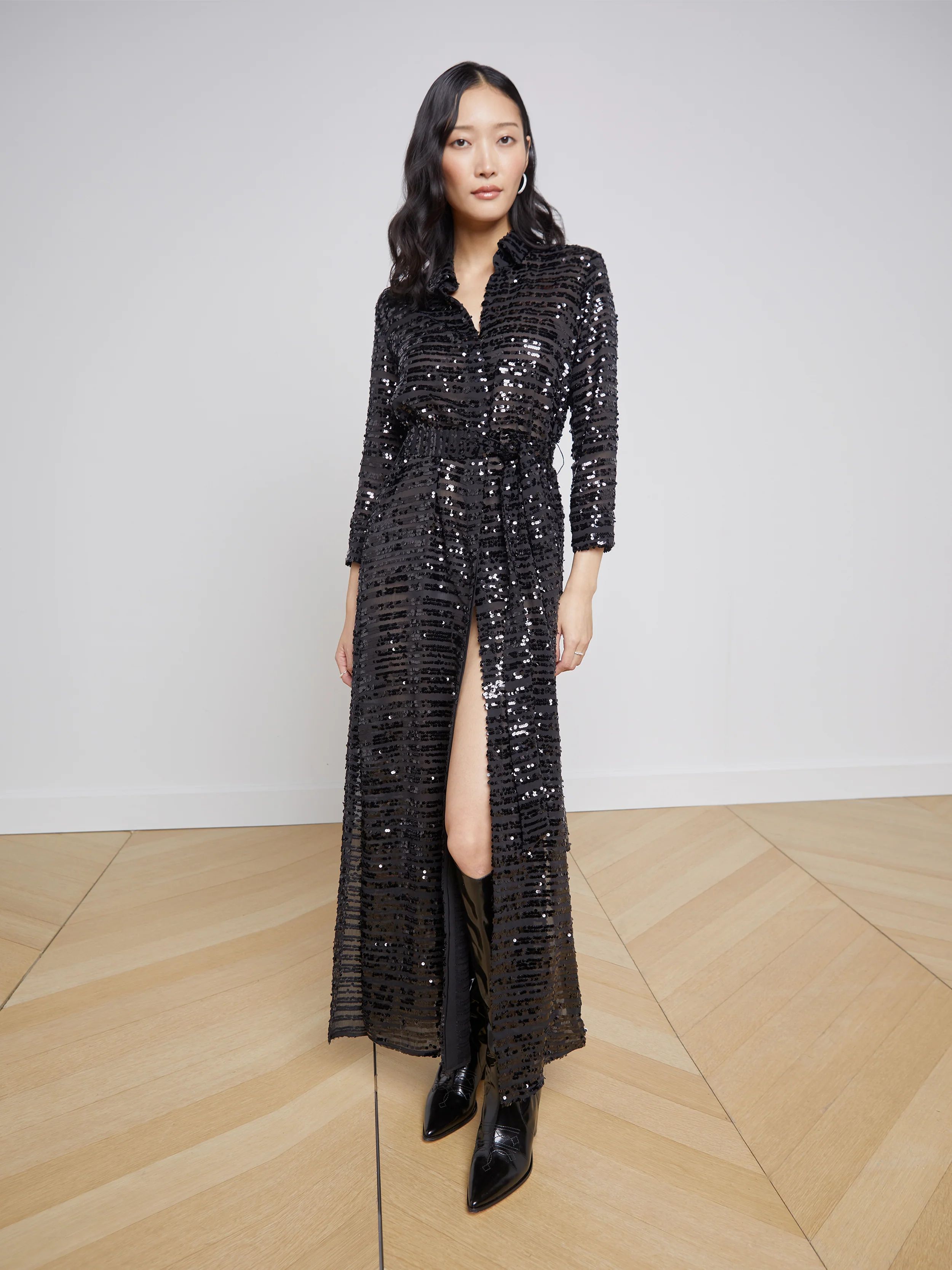 L'AGENCE Cameron Shirt Dress in Black Sequin | L'Agence