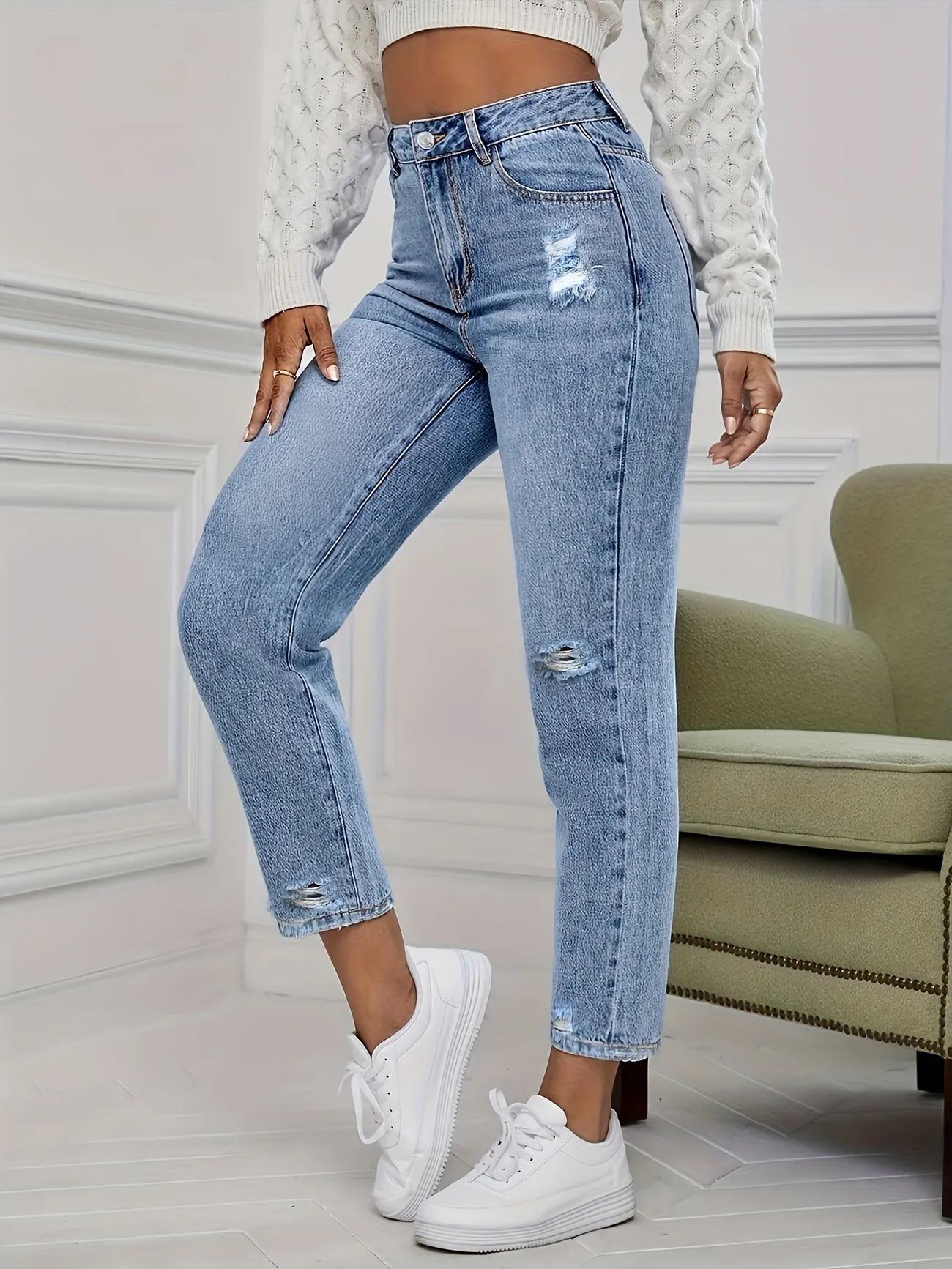 Blue Ripped Holes Straight Jeans, High Waist Slash Pockets Distressed Denim Pants, Women's Denim ... | Temu Affiliate Program
