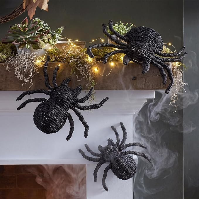 Beeveer 3 Pcs Woven Rattan Spider Halloween Decor – Handcrafted Black Rope Spiders, 3D Rustic F... | Amazon (US)