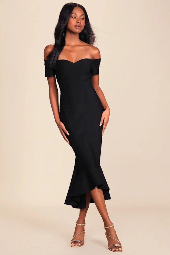 How Much I Care Black Off-the-Shoulder Midi Dress | Lulus