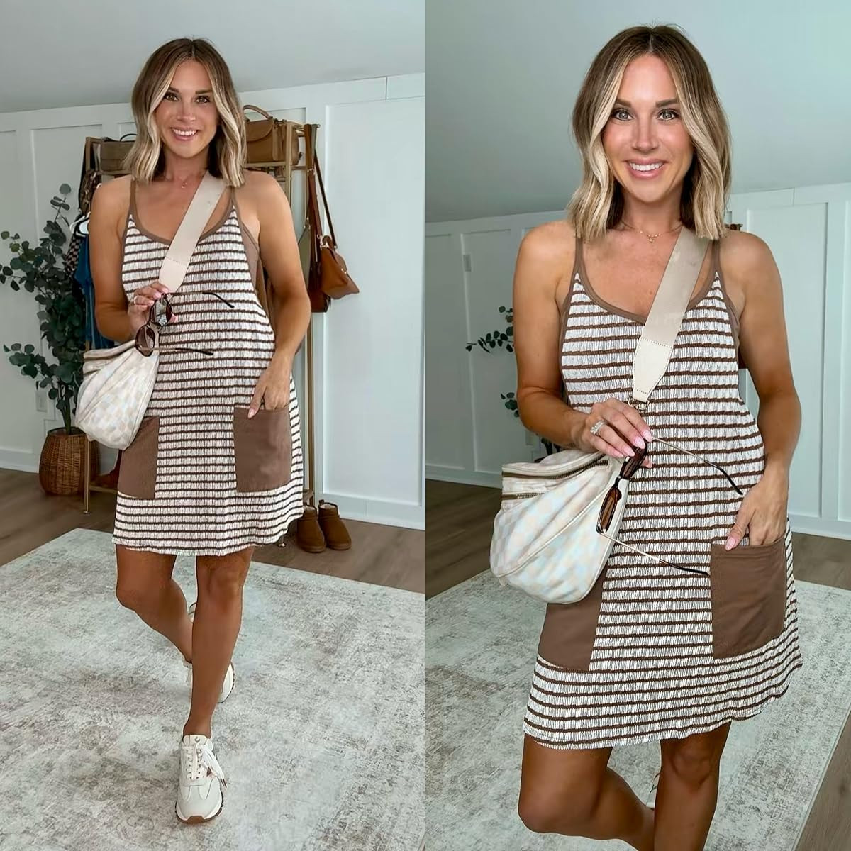 This striped one piece is perfect for errands, coffee runs, or chasing kids but still feeling cute! Pairing with sneakers and a neutral bag that can hold all of the things. Also linking my favorite self tanner  

 #LTKmomlife #LTKSeasonal #LTKActive