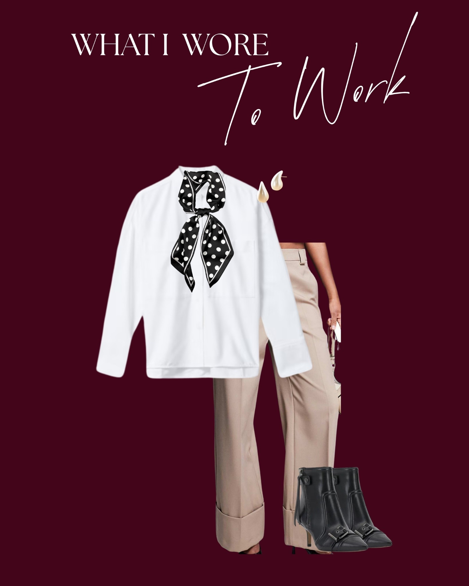 Classic white button down with a polka dot neck scarf adding a bit of flare to an otherwise neutral outfit. Finished off with black buckle accented booties. 

#LTKWorkwear #LTKootd #LTKMidsize