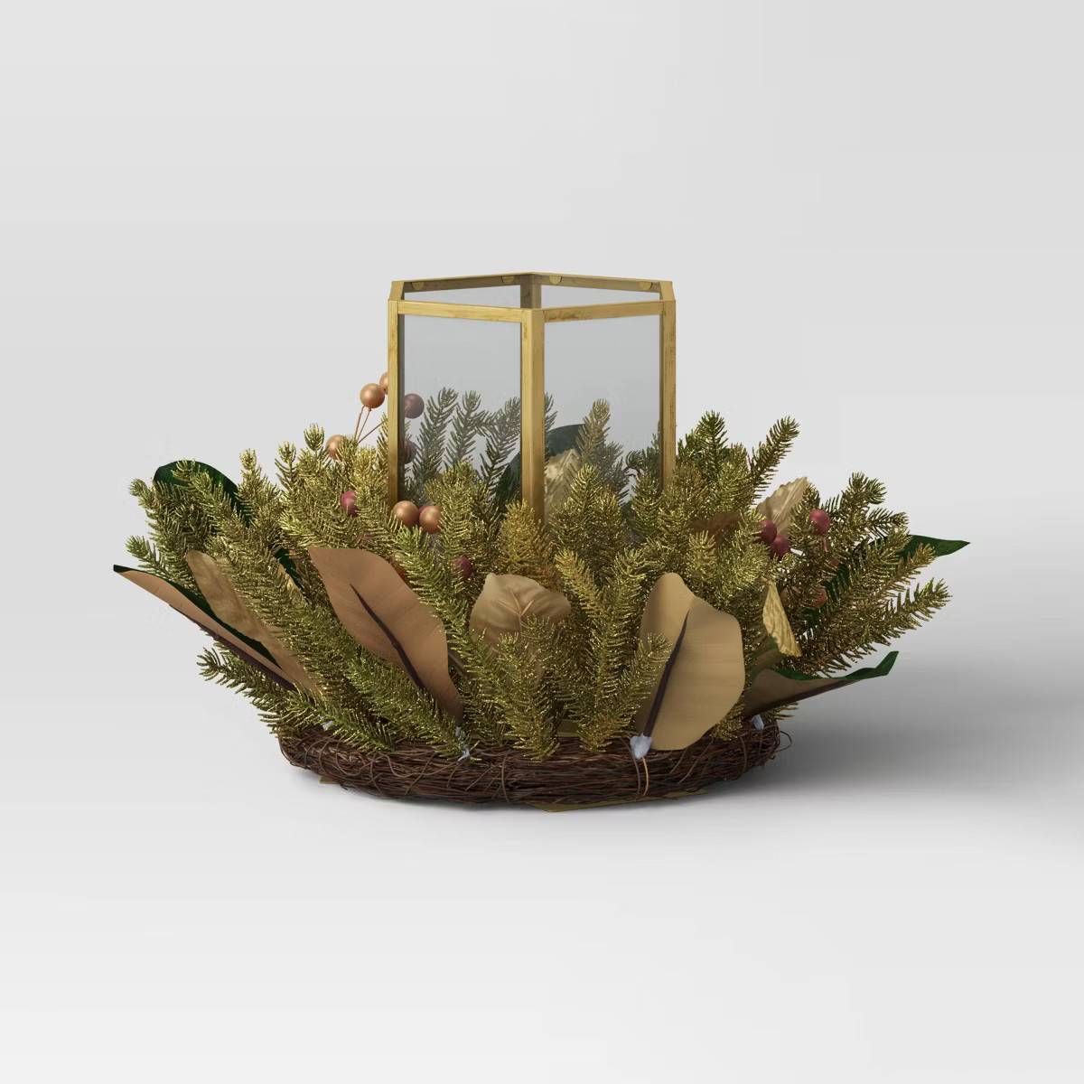 9" Hexagonal Pillar Glass Christmas Candle Holder with Mixed Faux Greenery - Wondershop™ | Target