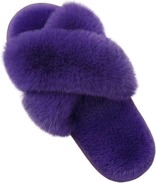 Evshine Women's Fuzzy Slippers Cross Band Memory Foam House Slippers Open Toe | Amazon (US)