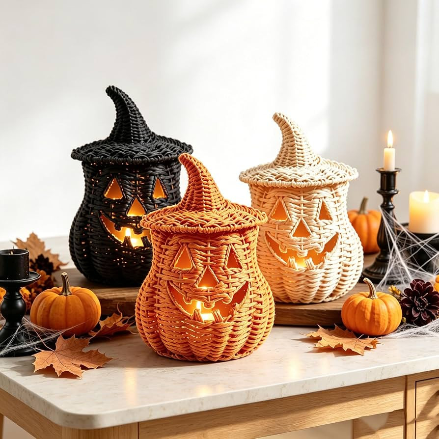 TREBIN 11'' Wicker Pumpkin Lantern Halloween Decor, Handwoven Rattan Halloween Candy Basket Jack ... | Amazon (US)