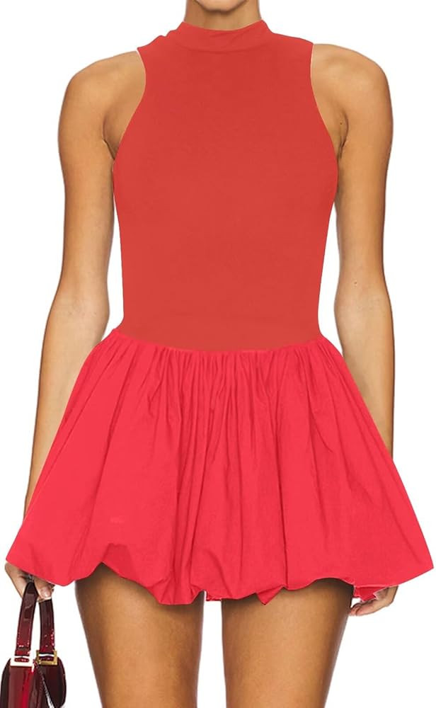 Women's Summer Bubble Mini Dress Sexy Mock Neck Sleeveless Tank Dress Party Club Bodycon Short Dr... | Amazon (US)