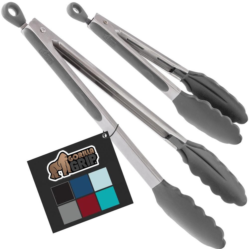 Gorilla Grip Stainless Steel Heat Resistant Kitchen Tongs for Cooking, 9 + 12 Inch, Set of 2 BBQ ... | Amazon (US)