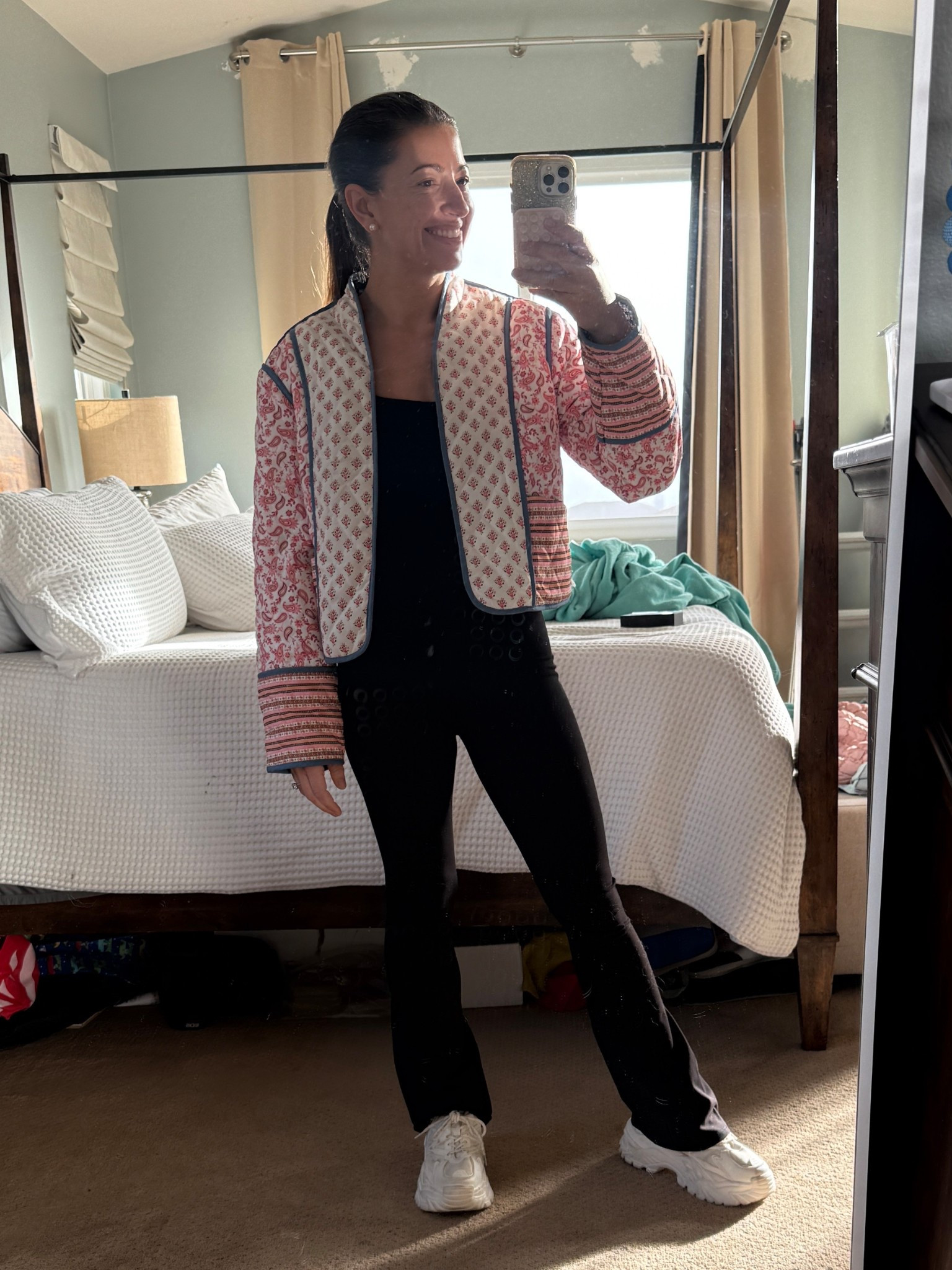 headed to LA in my stage mom era because reese has a callback audition today for a big brand. we’re equal parts excited and nervous over here so send all the good vibes her way.

needed something comfy for the drive but still cute enough to sit at the studio and feel put together. this little outfit is one of those easy combos that makes you feel like you tried… even if you were running out the door with snacks, water bottles, and a nervous child.

the cropped floral jacket is the star. it adds just enough color and pattern to an otherwise simple outfit. i paired it with this black flare jumpsuit that is ridiculously comfortable and super flattering. finished it off with chunky white sneakers because LA = walking + driving + waiting.

sizing:
jacket — medium
jumpsuit — small
shoes — sized up 1/2 size

my stats:
5’3”
130 lbs


amazon floral cropped jacket
amazon flare jumpsuit women
black athletic jumpsuit outfit
chunky white sneakers women
amazon casual outfit women
airport outfit women casual
mom on the go outfit
comfortable travel outfit women
athleisure outfit ideas
amazon fashion finds women
casual mom outfit idea
everyday outfit inspiration
cute comfy outfit women

#LTKdayinmylife #LTKmomlife #LTKgrwm