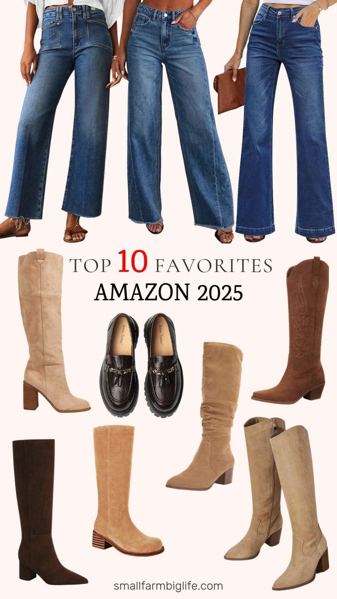 Top 10 Amazon favorites for 2025 🤎 From wide leg and classic blue jeans to knee high boots and loafers in all the best neutral shades. These are the everyday staples I keep reaching for on repeat. 

 #LTKootd #LTKOver40 #LTKFindsUnder50