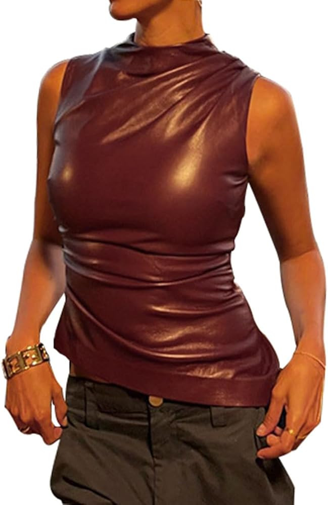 Women's PU Leather Tank Top Mock Neck Ruched Sleeveless Y2k Pleated Asymmetrical Shirts with Zipp... | Amazon (US)
