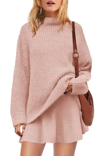 SENSERISE Womens Sweater Skirt Set 2 Piece Outfits Oversized Lounge Sets Turtleneck Knit Tops Mini Dress(Shrimp Pink,L) | Amazon (US)