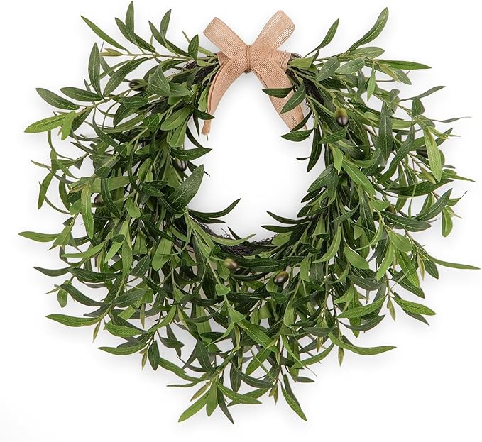 Artificial Olive Wreath for Front Door - 22 Inch Faux Greenery Wreath with Burlap Bow & Olives - ... | Amazon (US)