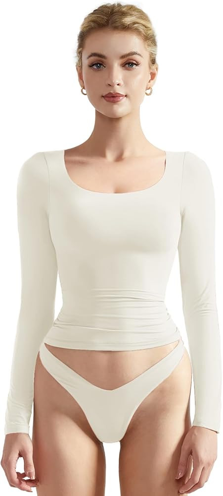 SUUKSESS Women Double Lined Fitted Basic T Shirts Scoop Neck Long Sleeve Crop Top | Amazon (US)