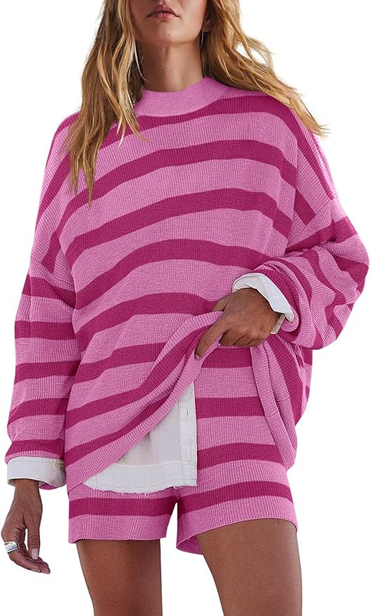 LAMISSCHE Womens Oversized Lounge Sets 2 Piece Outfits Striped Matching Pajama Set Long Sleeve Sw... | Amazon (US)