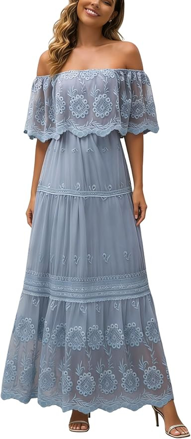 Women's Casual Off Shoulder Lace Maxi Dress Boho White Bridesmaid Wedding Evening Party Dresses | Amazon (US)