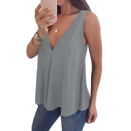 Plus Size Women Chiffon Sleeveless T Shirt Blouse Deep V Neck Summer Beach Tops Casual Loose Solid T | Walmart (US)