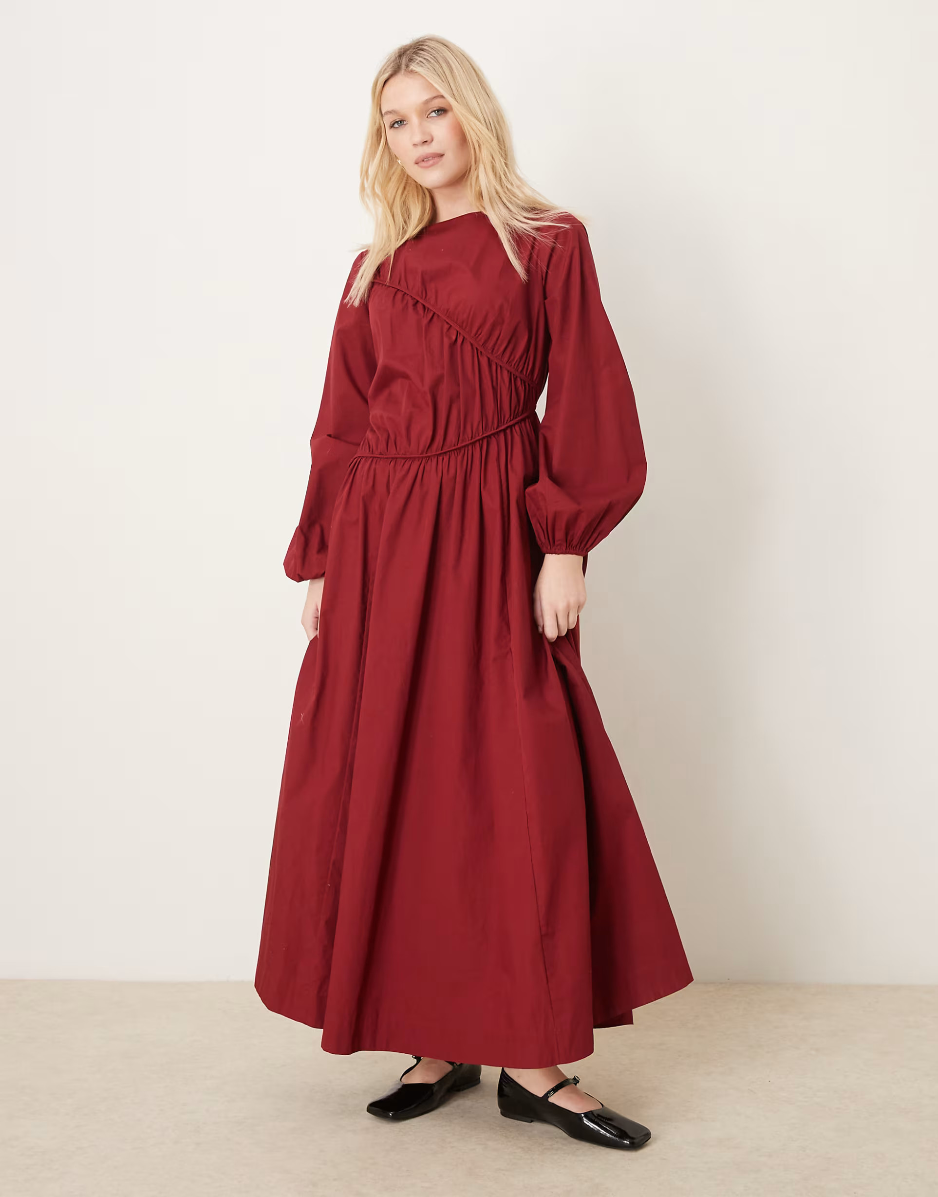 ASOS DESIGN asymmetric ruched maxi dress in burgundy | ASOS (Global)