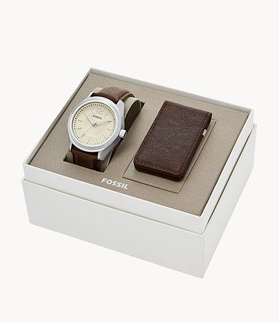 Editor Three-Hand Brown Leather Watch And Wallet Box Set | Fossil (US)