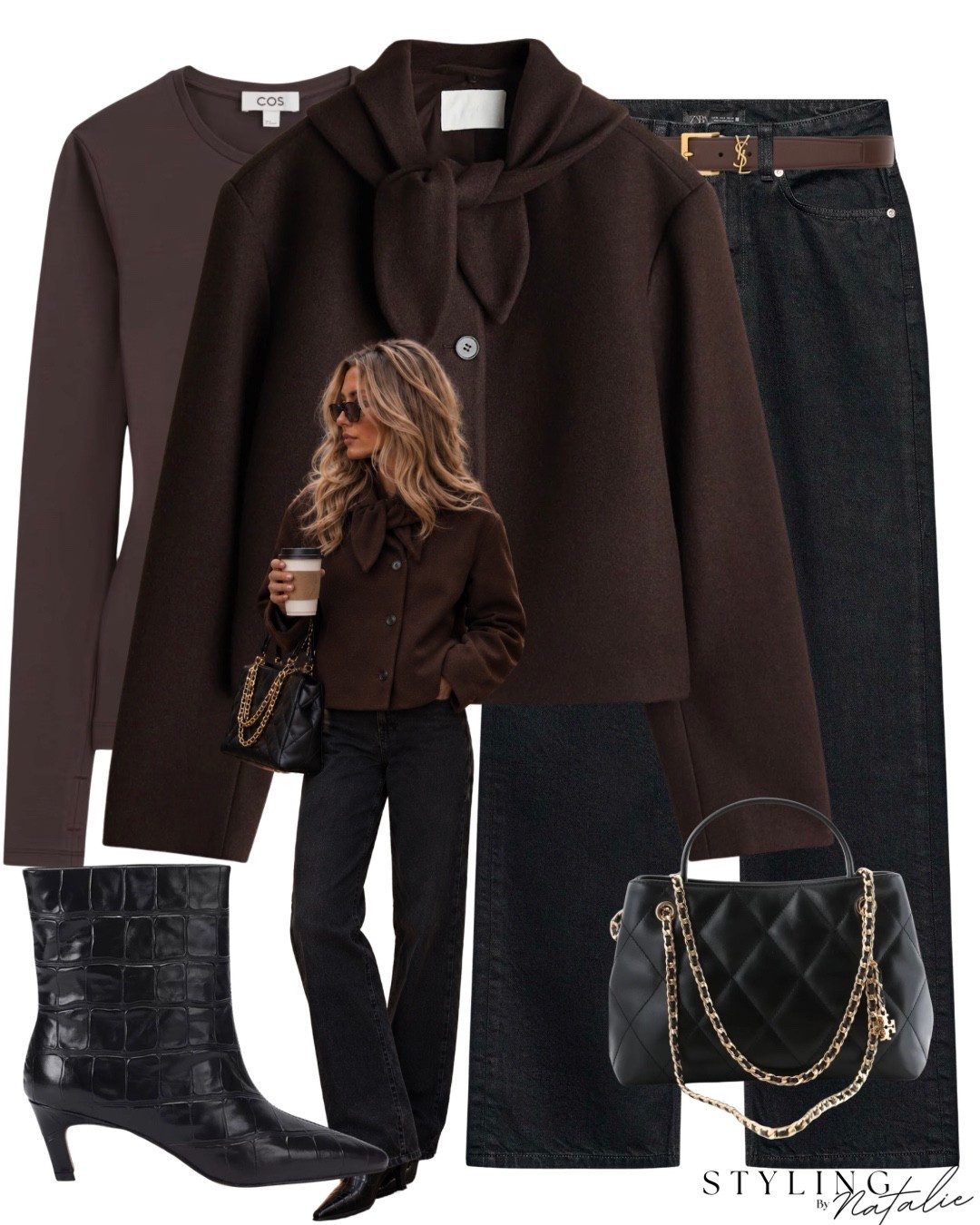 Brown wool blend jacket with tie neck, black jeans, croc ankle boots with kitten heel, quilted bag with gold chain, long sleeve brown t-shirt. Casual chic, H&M, fall outfit, autumn outfit