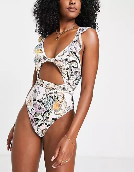 River Island frill detail cut out floral swimsuit in white | ASOS (Global)