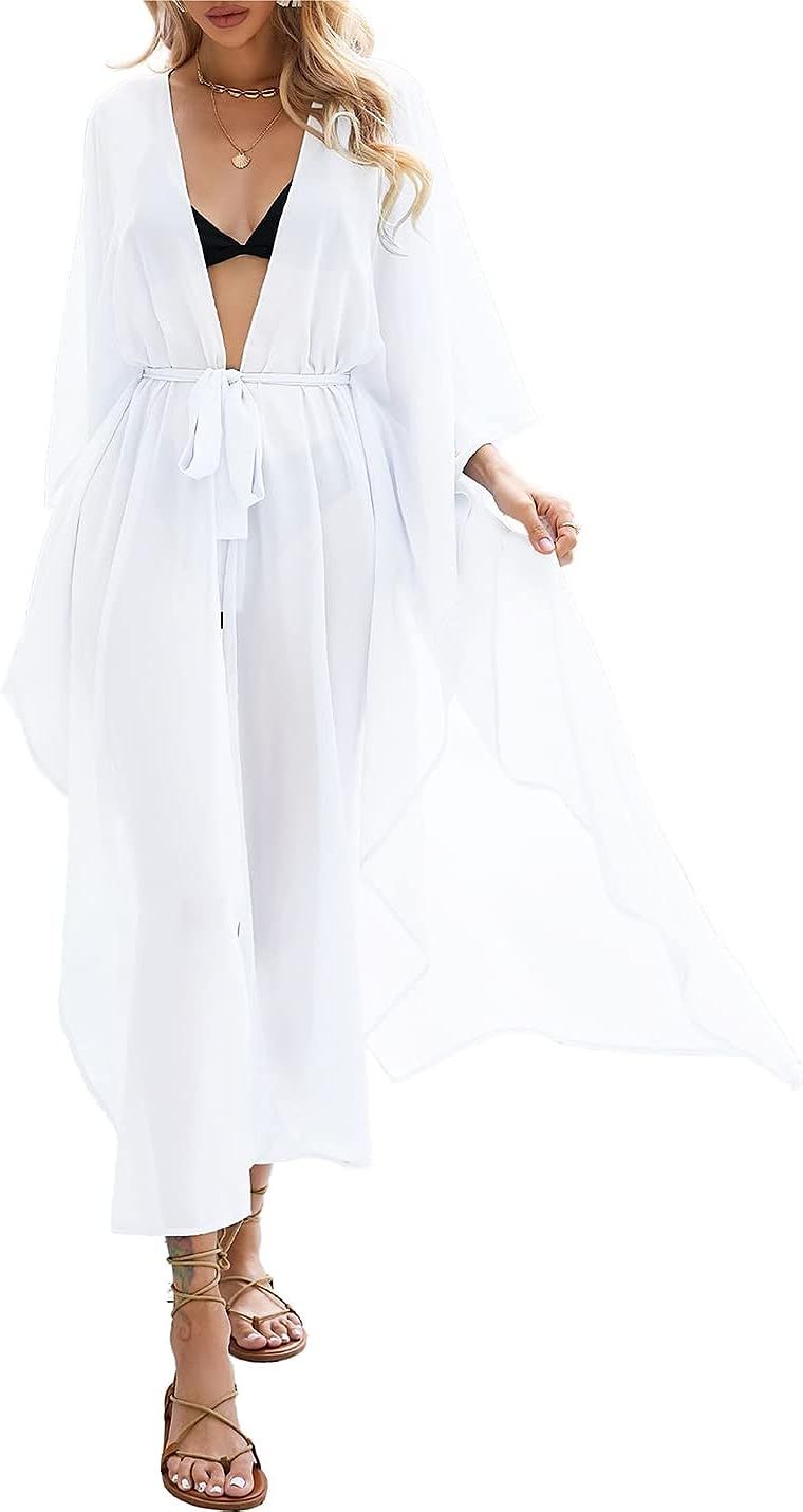 AILUNSNIKA Chiffon Kimono Cardigans for Women Swimsuit Cover Ups with Drawstring Open Front Long ... | Amazon (US)