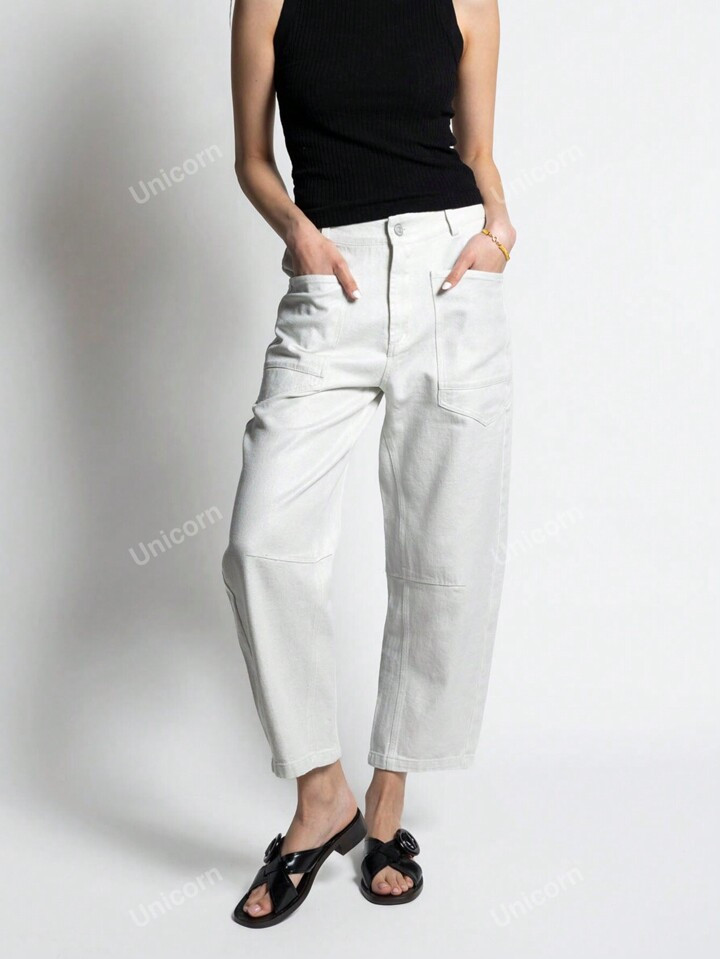 American Casual Slouchy Style Wide-Leg Cropped Jeans With Scissor Cut Design And Banana Style | SHEIN