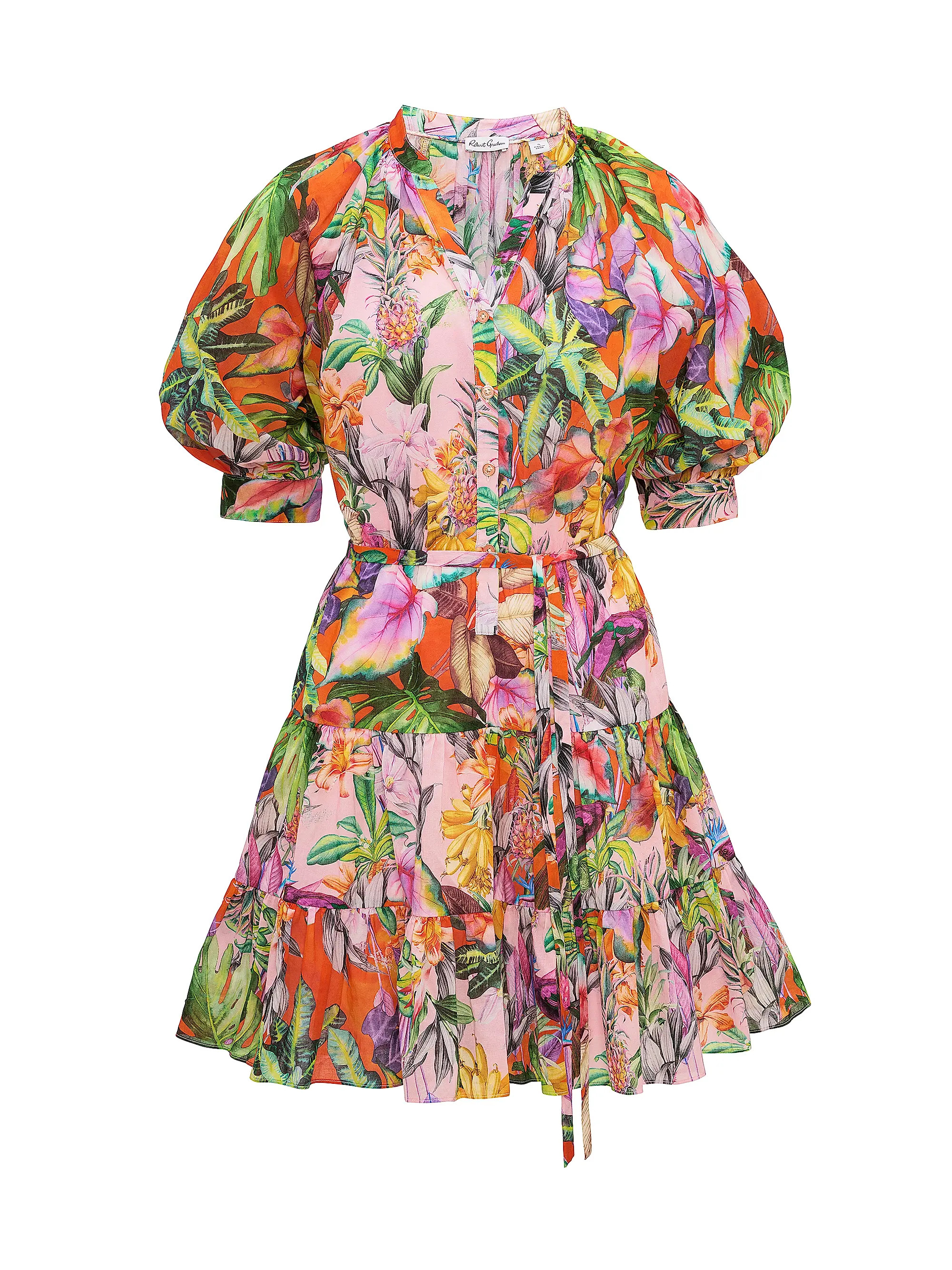 Sydney Palm Tiered Puff-Sleeve Minidress | Saks Fifth Avenue