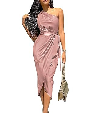 PRETTYGARDEN Women's 2024 Summer Ruched Bodycon Dress Sleeveless One Shoulder Wrap Satin Belted C... | Amazon (US)