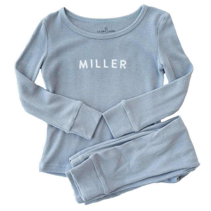 Dusty Denim Bamboo Waffle Personalized Two Piece Pajama Set | Caden Lane