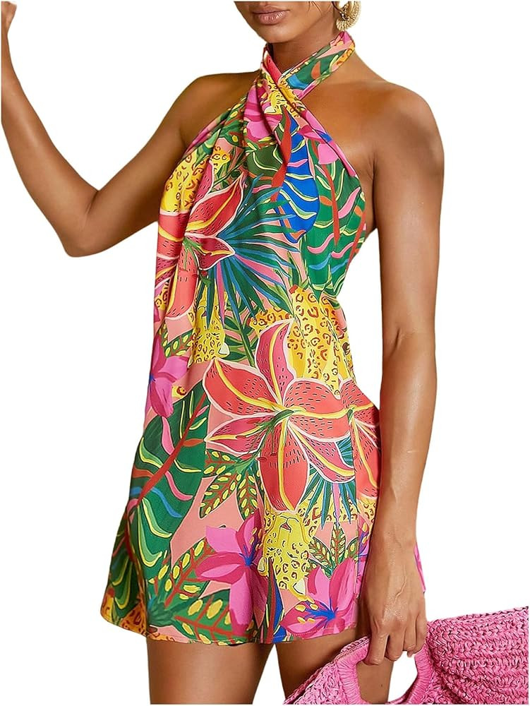 SOLY HUX Women's Tropical Print Crisscross Halter Backless Dress Sleeveless Boho Mini Dresses | Amazon (US)