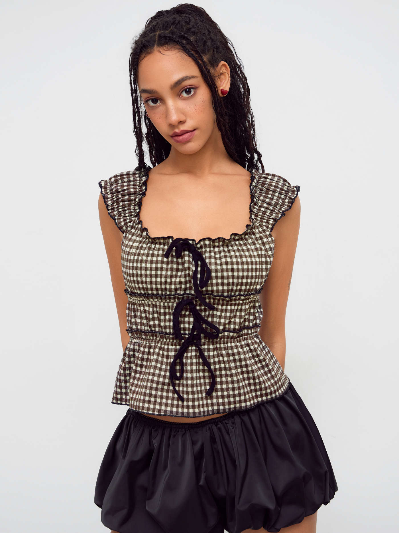 Knit Fabric Cotton-blend Gingham Bowknot Top For Daily Casual | Cider