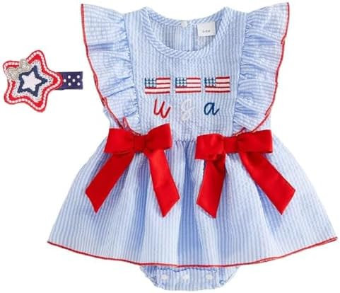 4th of July Toddler Baby Girl Outfits American Flag Smocked Bubble Romper Dress American Flag Mem... | Amazon (US)