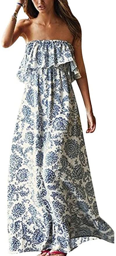 Yidarton Women Summer Blue and White Porcelain Strapless Boho Maxi Long Dress | Amazon (US)