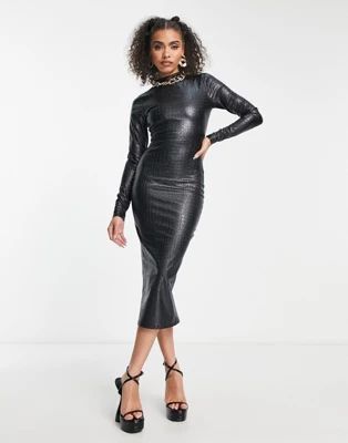 Naked Wardrobe moc croc square long sleeve midi body-conscious dress in black | ASOS (Global)