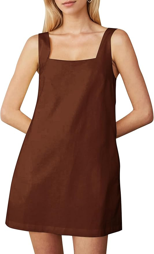 Summer Sleeveless Cotton Linen Mini Dresses for Women Casual Square Neck Backless Short Dress Sol... | Amazon (US)
