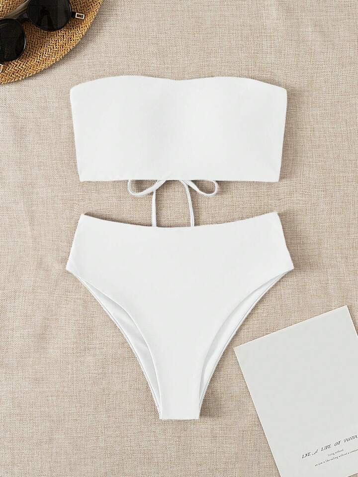 Lace Up Back Bandeau Bikini Swimsuit | SHEIN