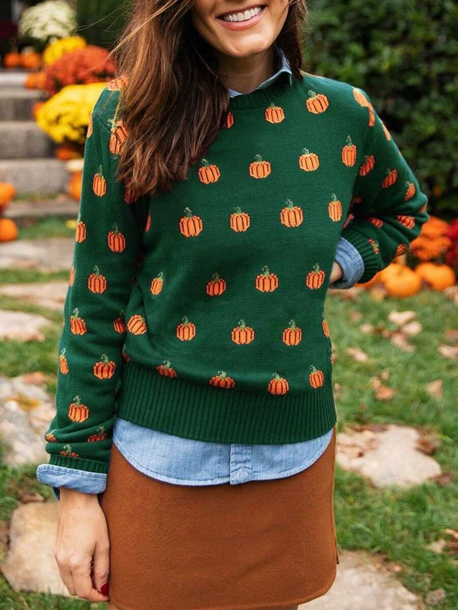 Women's New Color-Matching Sweater, Halloween Pumpkin Jacquard Long-Sleeved Sweater, Romantic Aut... | SHEIN