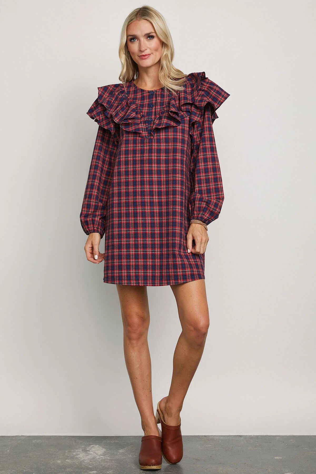 Sugarlips Plaid Ruffle Long Sleeve Dress | Social Threads