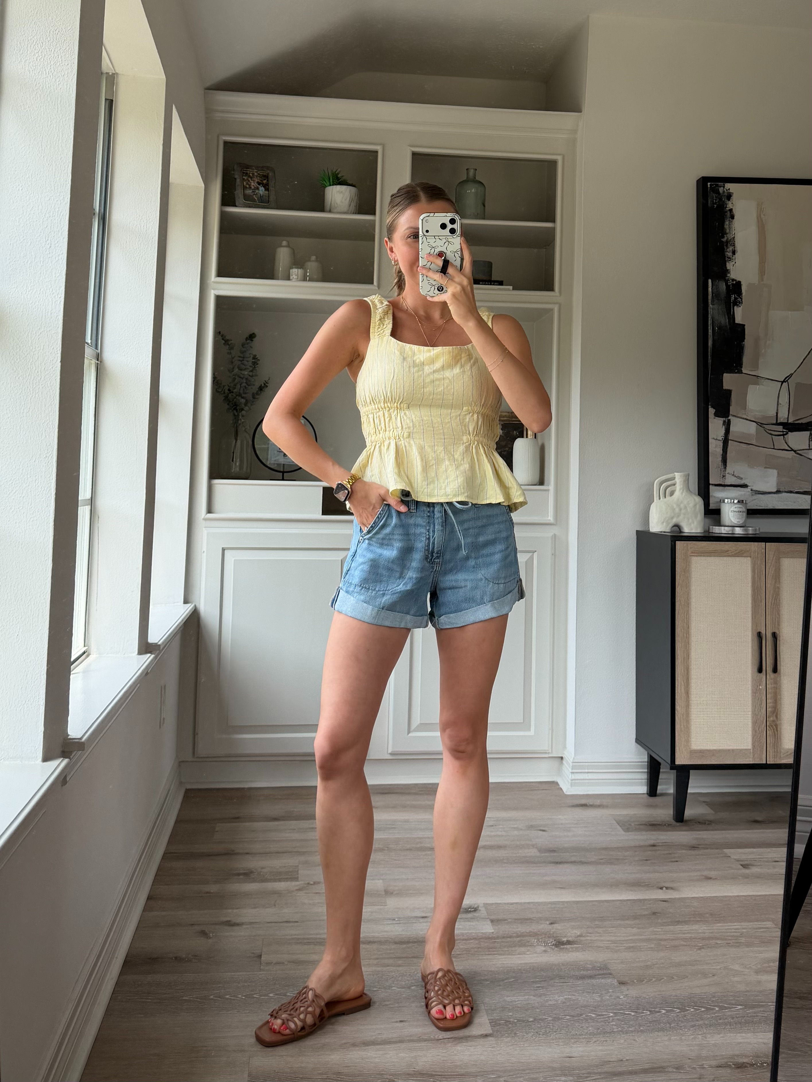 Cute casual summer mom ootd | S yellow tank, 2 denim shorts 

 