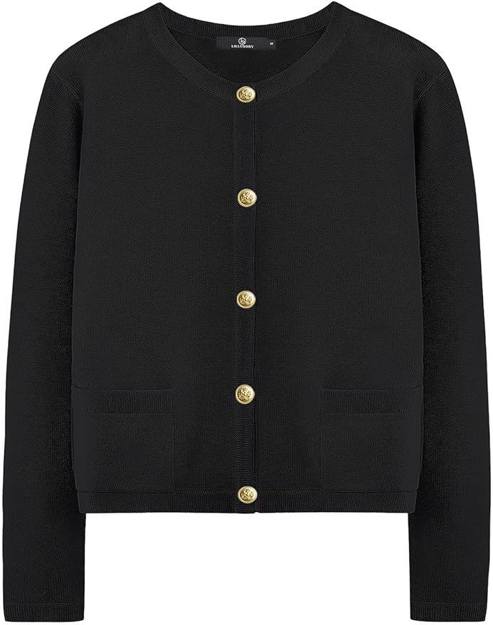 LILLUSORY Women's Crew Neck Gold Buttons Cardigan Sweaters Lady Jacket with Patch Pockets | Amazon (US)