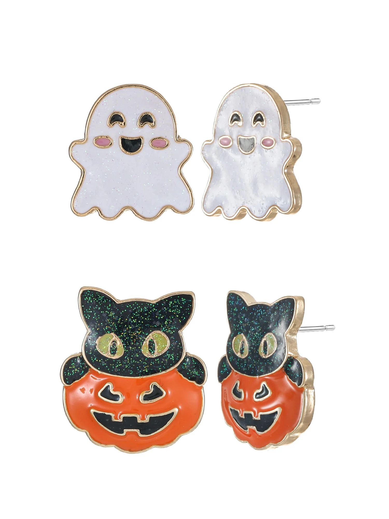 Way to Celebrate Ghost & Kitten Halloween Stud Earrings, 2 Pairs | Walmart (US)