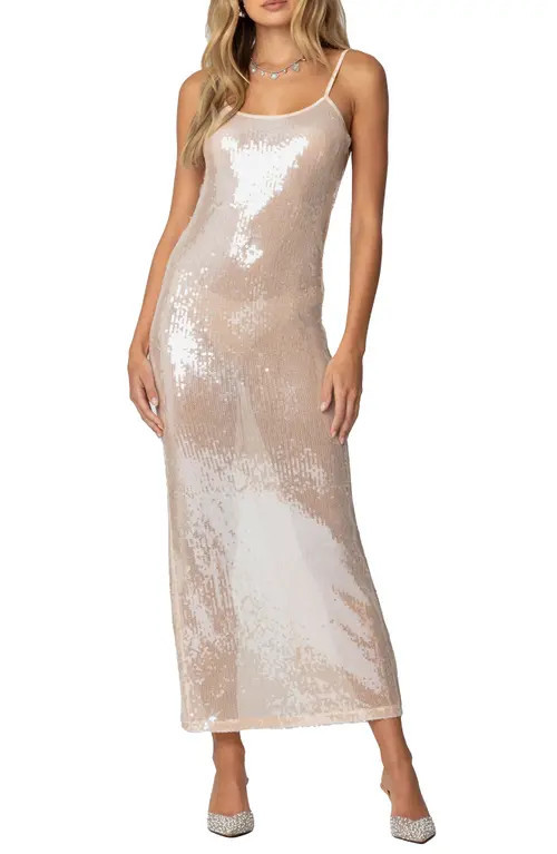 EDIKTED Sheer Sequin Slipdress in Light-Pink at Nordstrom, Size Small | Nordstrom