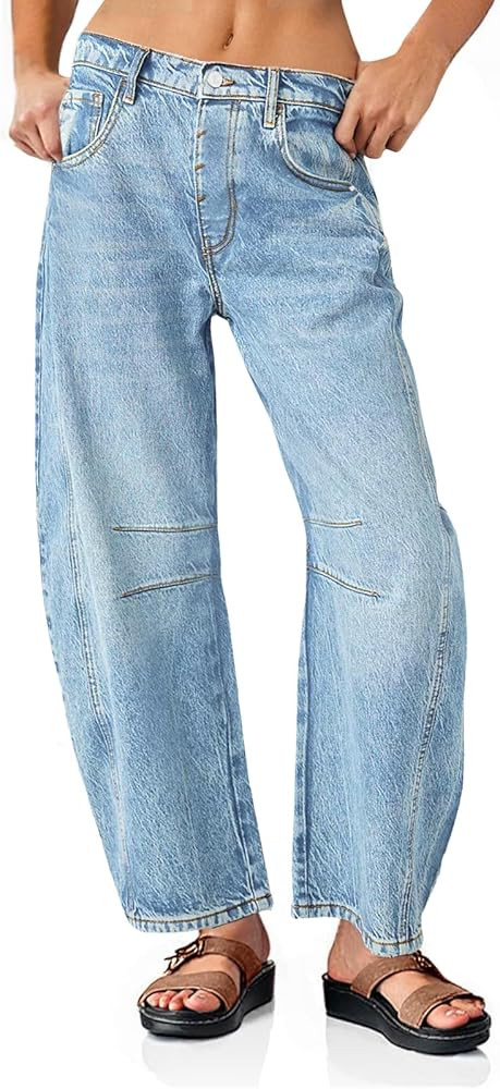 PLNOTME Women's Baggy Boyfriend Jeans Vintage Wide Leg Mid Rise Barrel Denim Ankle Pants | Amazon (US)