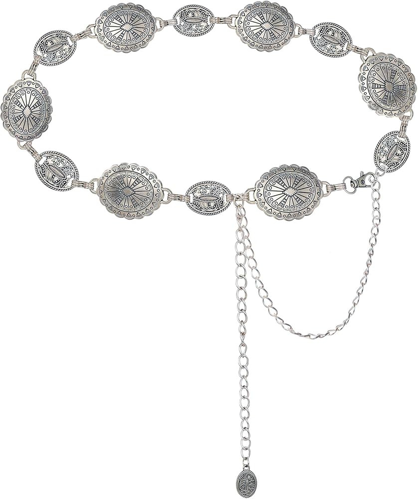 Western-Concho-Belt-Women Cowgirl-Metal-Belts Boho Silver Vintage Turquoise Chain Belt for Dress ... | Amazon (US)