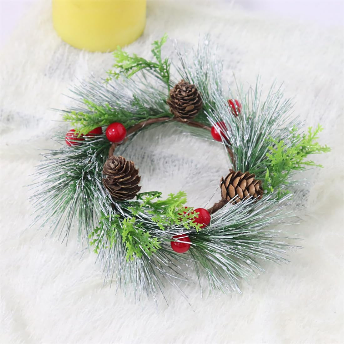 4pcs Christmas Candle Rings Wreaths with Red Berry Pinecones Artificial Berries Snowy Pine (4) | Amazon (US)
