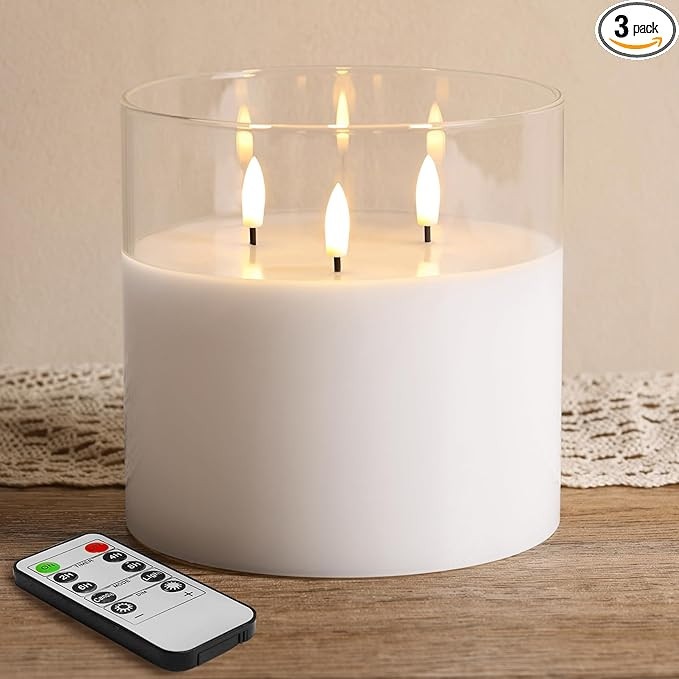Eywamage 3 Wick Clear Glass Flameless Candle with Remote, Large Flickering LED Battery Pillar Can... | Amazon (US)